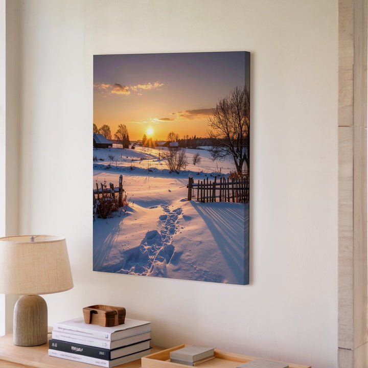 Winter Countryside Sunset Canvas – Snow-Covered Field with Rustic Farmhouses - Gifitto