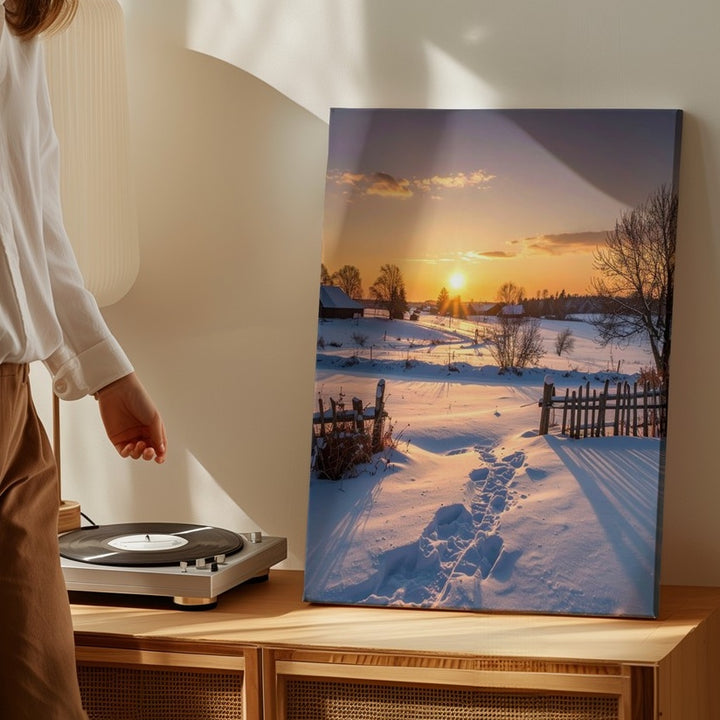 Winter Countryside Sunset Canvas – Snow-Covered Field with Rustic Farmhouses - Gifitto