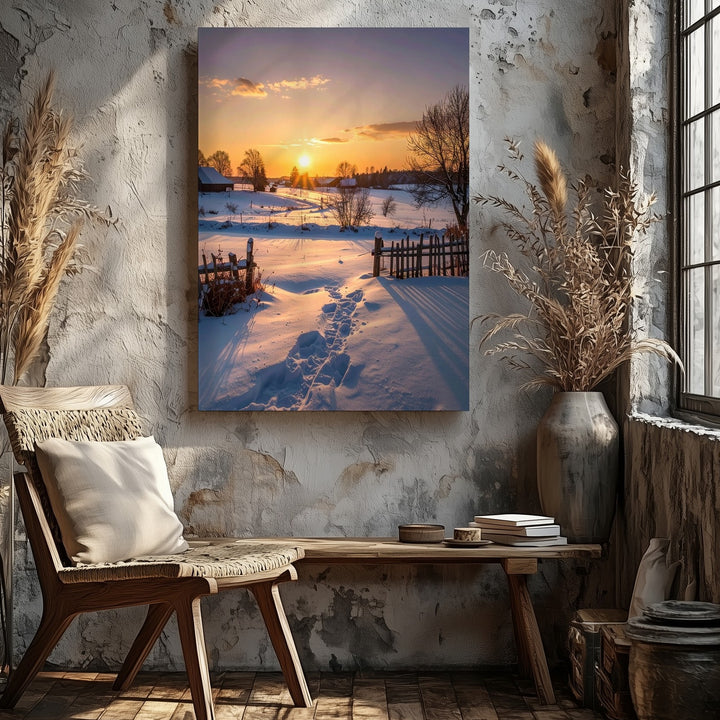 Winter Countryside Sunset Canvas – Snow-Covered Field with Rustic Farmhouses - Gifitto