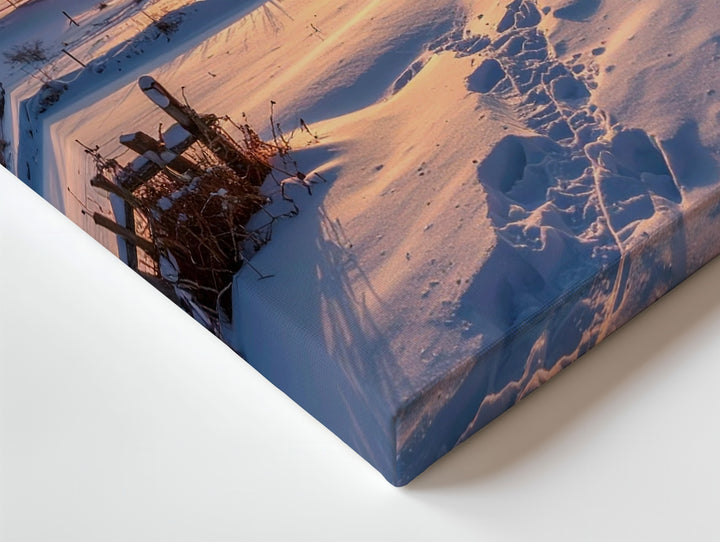 Winter Countryside Sunset Canvas – Snow-Covered Field with Rustic Farmhouses - Gifitto