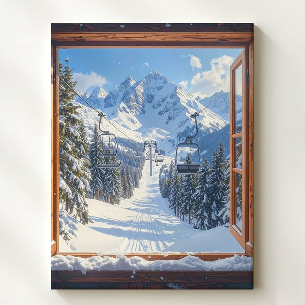 Alpine Ski View Canvas – Snowy Landscape Seen Through Wooden Window - Gifitto