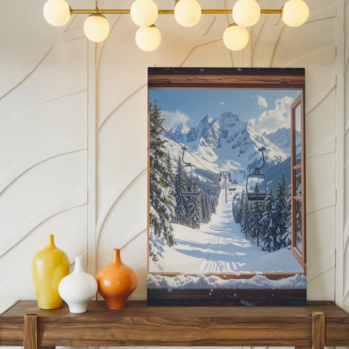 Alpine Ski View Canvas – Snowy Landscape Seen Through Wooden Window - Gifitto
