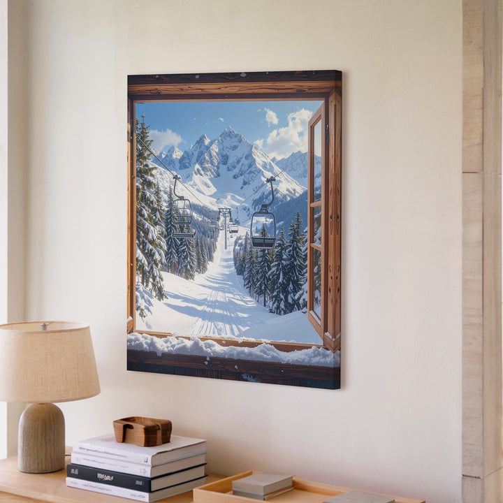 Alpine Ski View Canvas – Snowy Landscape Seen Through Wooden Window - Gifitto