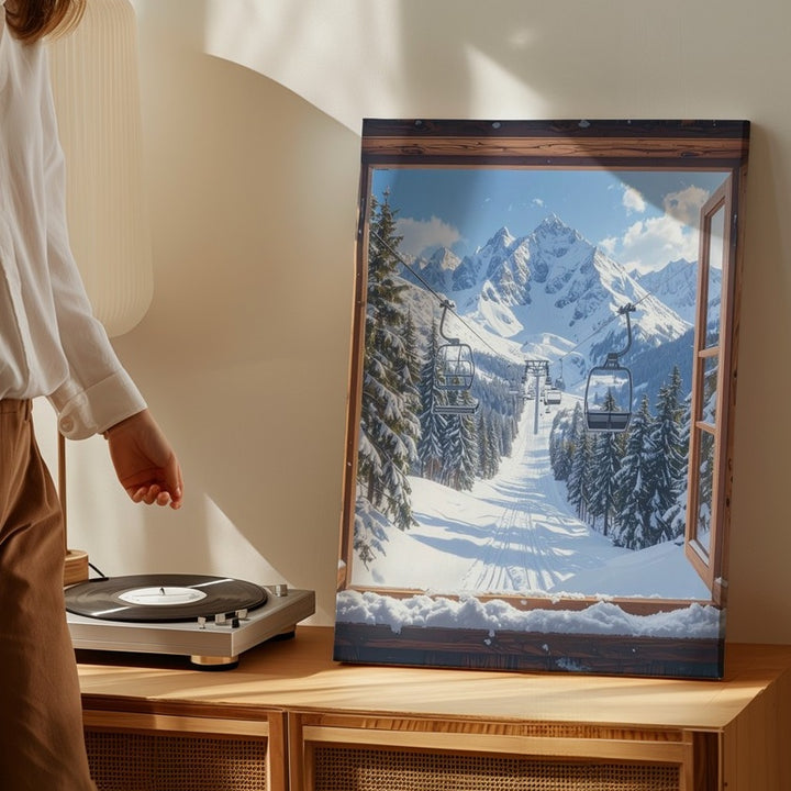 Alpine Ski View Canvas – Snowy Landscape Seen Through Wooden Window - Gifitto