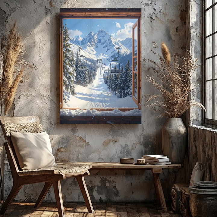 Alpine Ski View Canvas – Snowy Landscape Seen Through Wooden Window - Gifitto