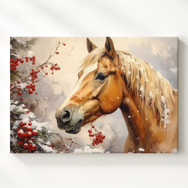 Golden Brown Horse in Winter Canvas – Serene Equestrian Art - Gifitto