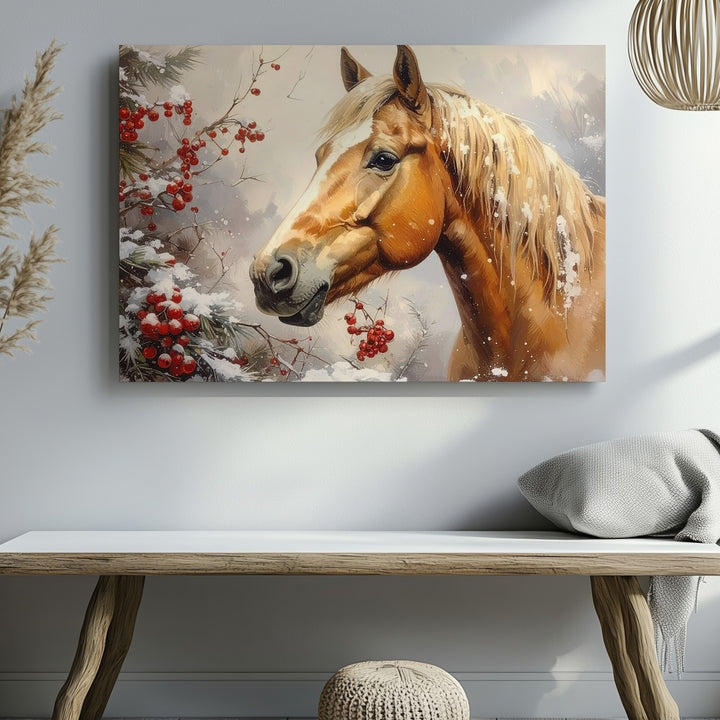 Golden Brown Horse in Winter Canvas – Serene Equestrian Art - Gifitto