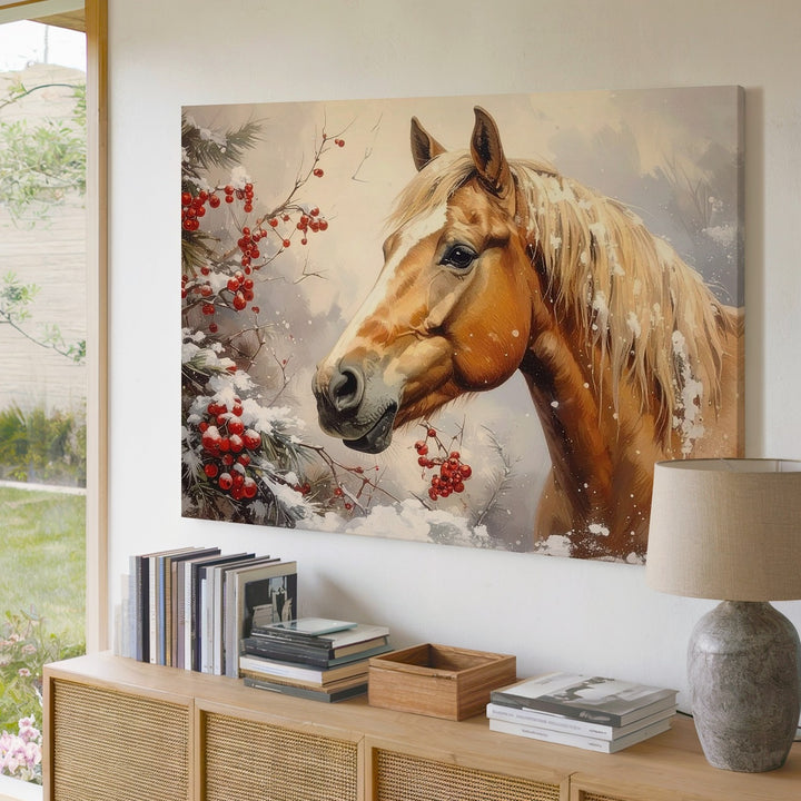 Golden Brown Horse in Winter Canvas – Serene Equestrian Art - Gifitto
