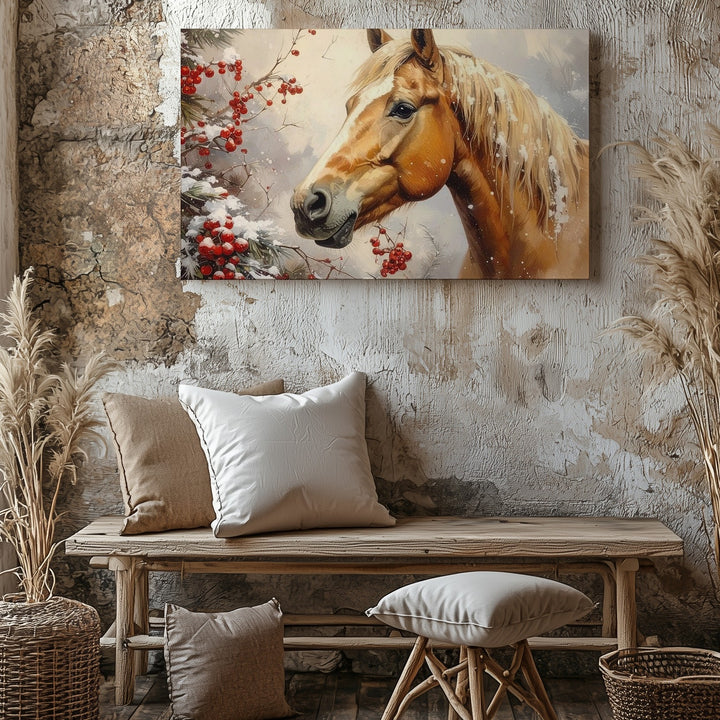 Golden Brown Horse in Winter Canvas – Serene Equestrian Art - Gifitto