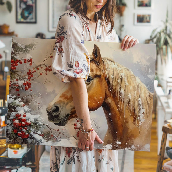 Golden Brown Horse in Winter Canvas – Serene Equestrian Art - Gifitto