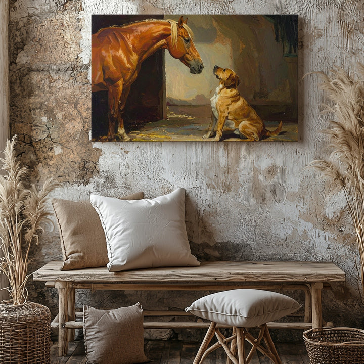 Horse and Dog Companionship Canvas – Classic Equestrian Art - Gifitto