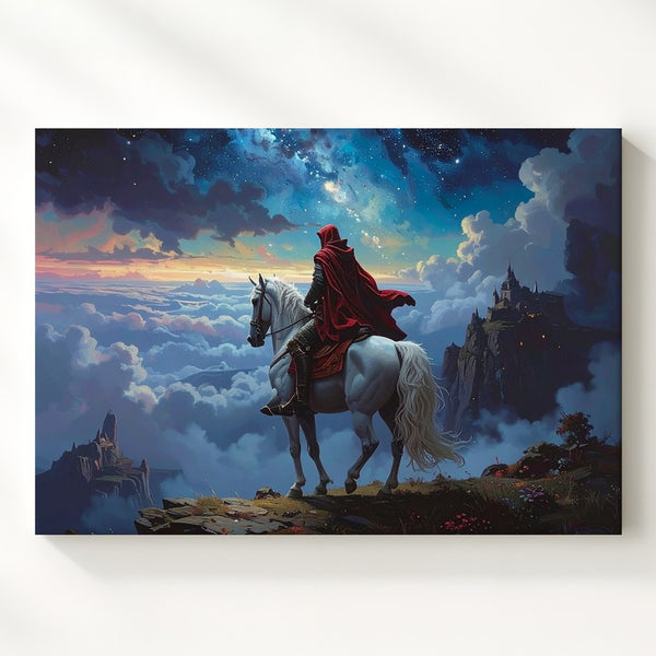 Heroic Quest Canvas – Cloaked Figure on White Horse in Dreamlike Fantasy Landscape - Gifitto