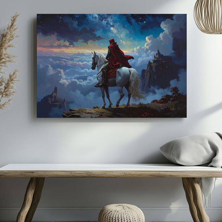 Heroic Quest Canvas – Cloaked Figure on White Horse in Dreamlike Fantasy Landscape - Gifitto
