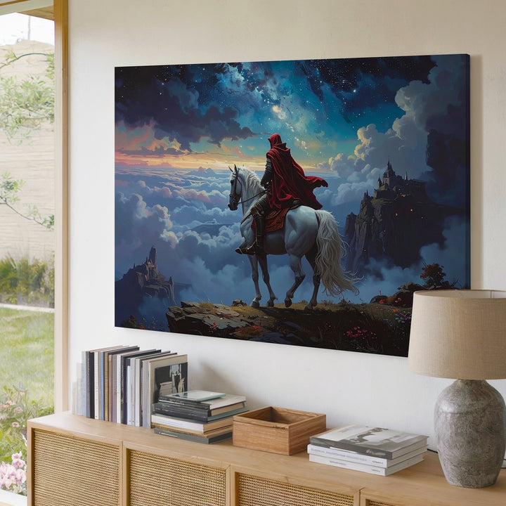 Heroic Quest Canvas – Cloaked Figure on White Horse in Dreamlike Fantasy Landscape - Gifitto