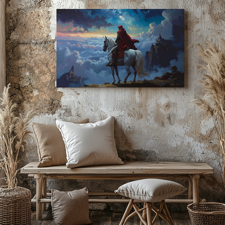 Heroic Quest Canvas – Cloaked Figure on White Horse in Dreamlike Fantasy Landscape - Gifitto
