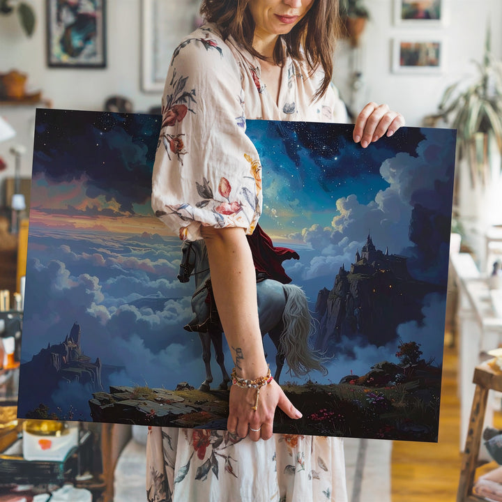 Heroic Quest Canvas – Cloaked Figure on White Horse in Dreamlike Fantasy Landscape - Gifitto