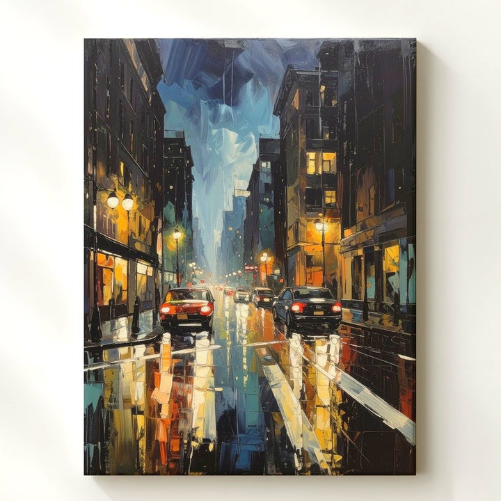 Rainy Night City Canvas – Impressionistic Urban Scene with Streetlights and Reflections - Gifitto