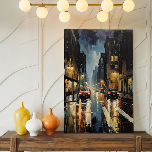 Rainy Night City Canvas – Impressionistic Urban Scene with Streetlights and Reflections
