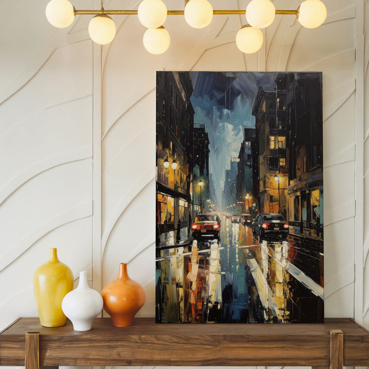 Rainy Night City Canvas – Impressionistic Urban Scene with Streetlights and Reflections - Gifitto