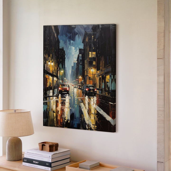 Rainy Night City Canvas – Impressionistic Urban Scene with Streetlights and Reflections - Gifitto