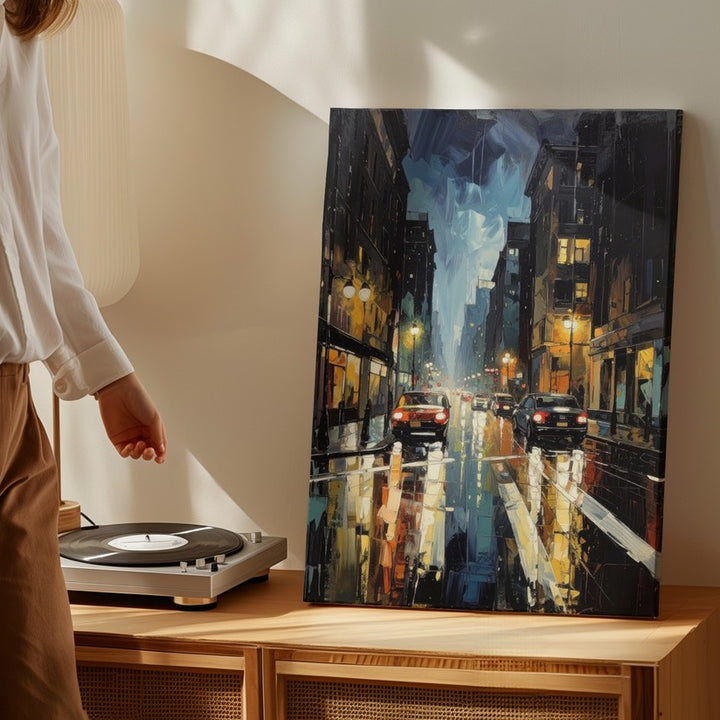 Rainy Night City Canvas – Impressionistic Urban Scene with Streetlights and Reflections - Gifitto
