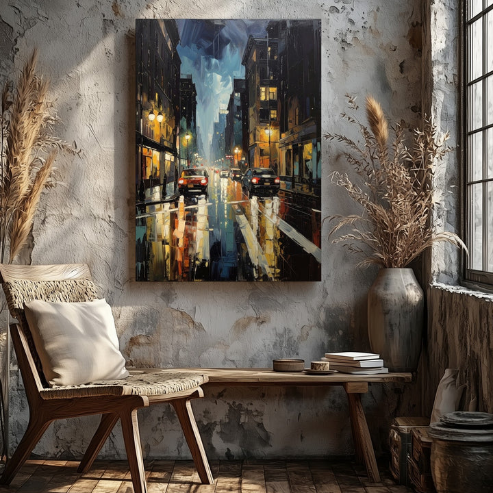 Rainy Night City Canvas – Impressionistic Urban Scene with Streetlights and Reflections - Gifitto