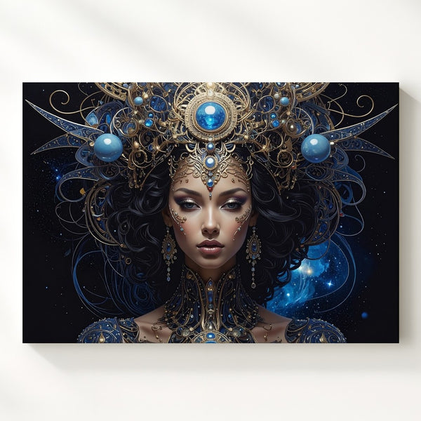 Galactic Empress Canvas – Celestial Priestess with Cosmic Headdress Wall Art - Gifitto
