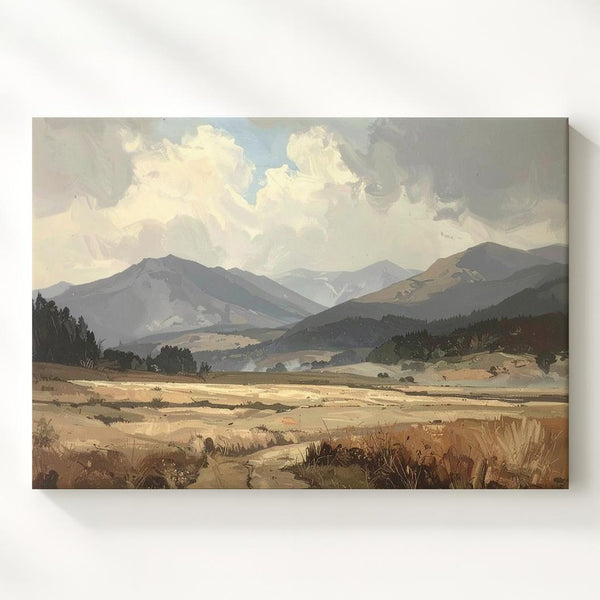 Serene Open Field Canvas – Realistic Landscape with Rolling Mountains - Gifitto