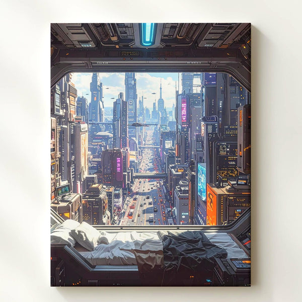 Futuristic Cityscape Canvas – Space Station Window View with Neon City Below - Gifitto