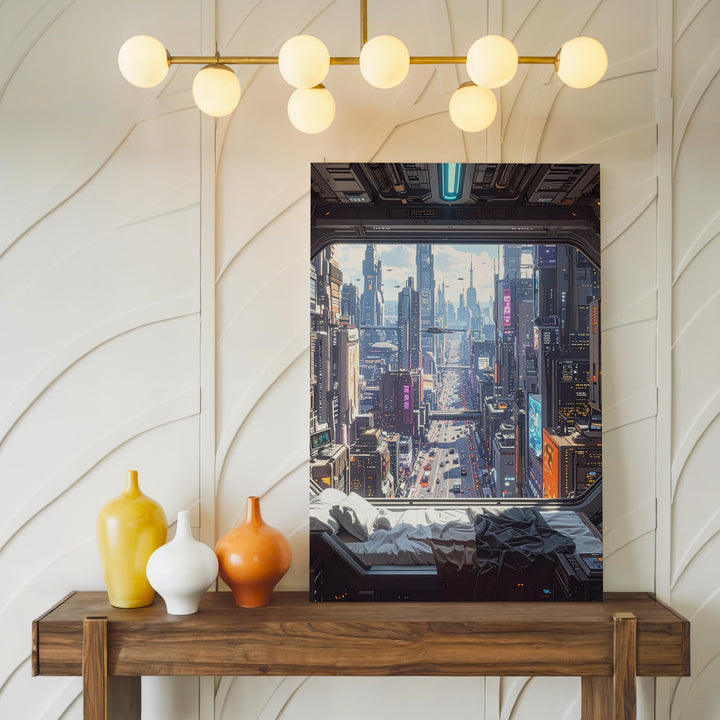 Futuristic Cityscape Canvas – Space Station Window View with Neon City Below - Gifitto