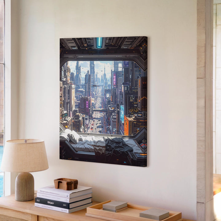 Futuristic Cityscape Canvas – Space Station Window View with Neon City Below - Gifitto
