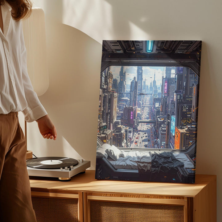 Futuristic Cityscape Canvas – Space Station Window View with Neon City Below - Gifitto