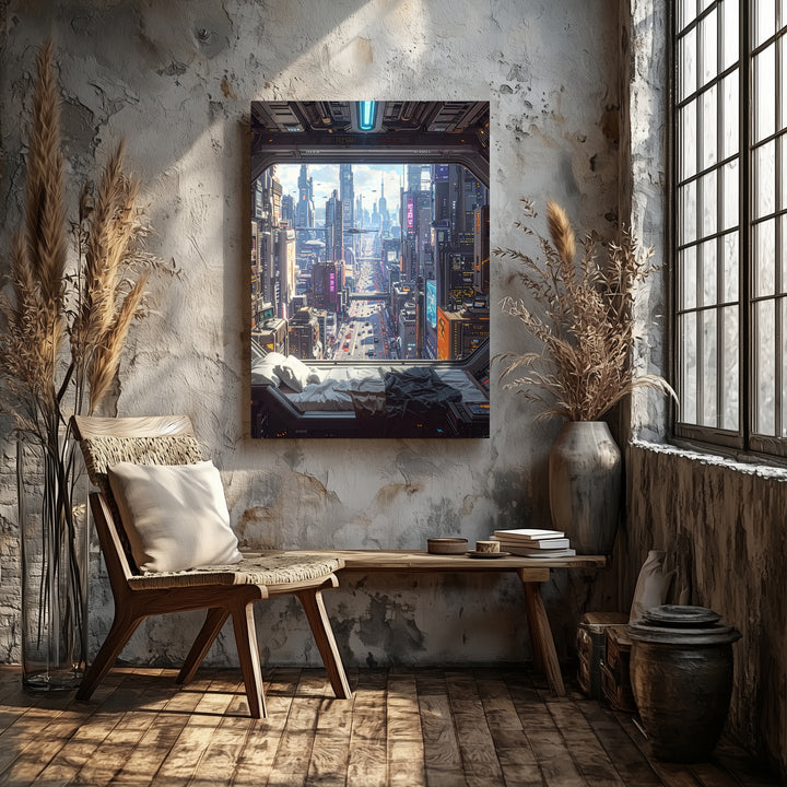 Futuristic Cityscape Canvas – Space Station Window View with Neon City Below - Gifitto