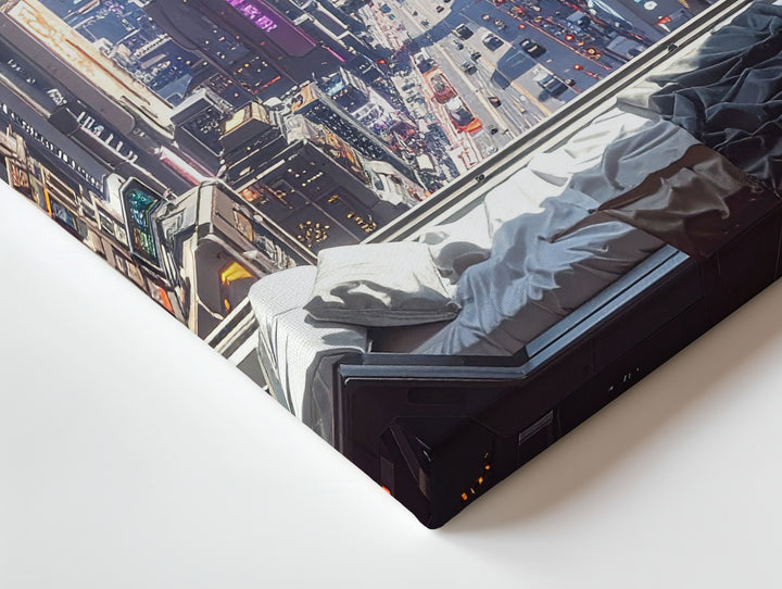 Futuristic Cityscape Canvas – Space Station Window View with Neon City Below - Gifitto