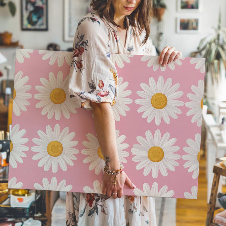 Happy Daisy Grid Canvas – Cheerful Floral Pop Art on Soft Pink - Gifitto