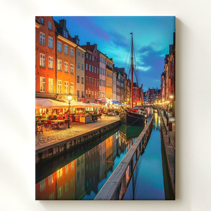 European Canal Night Canvas – Vibrant City Scene with Sailboat and Reflections - Gifitto