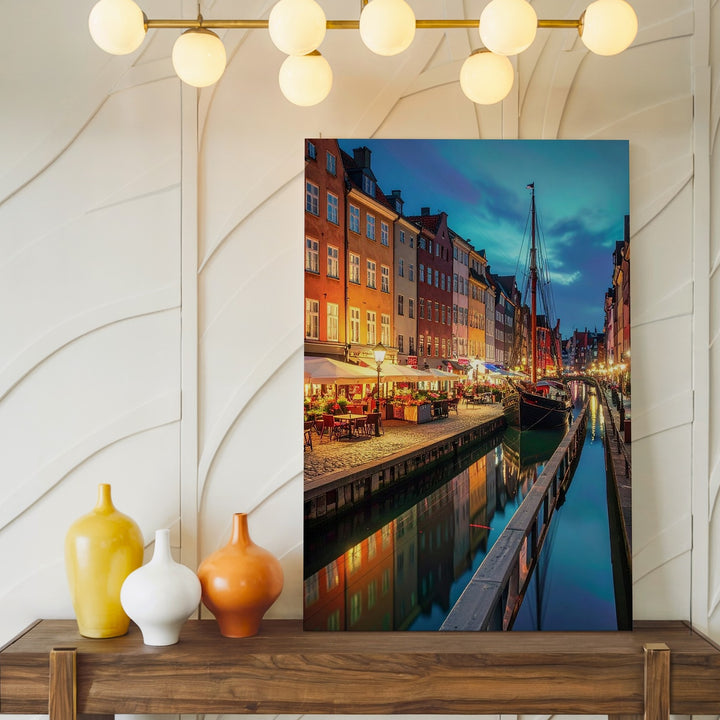European Canal Night Canvas – Vibrant City Scene with Sailboat and Reflections - Gifitto