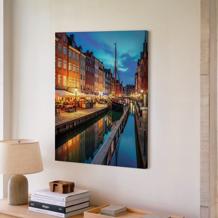European Canal Night Canvas – Vibrant City Scene with Sailboat and Reflections - Gifitto