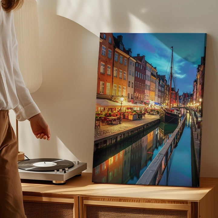 European Canal Night Canvas – Vibrant City Scene with Sailboat and Reflections - Gifitto