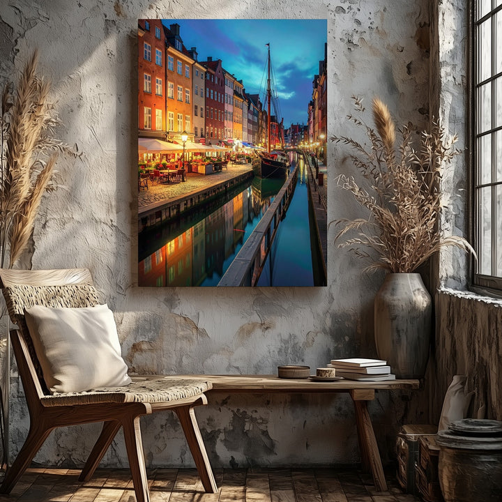 European Canal Night Canvas – Vibrant City Scene with Sailboat and Reflections - Gifitto