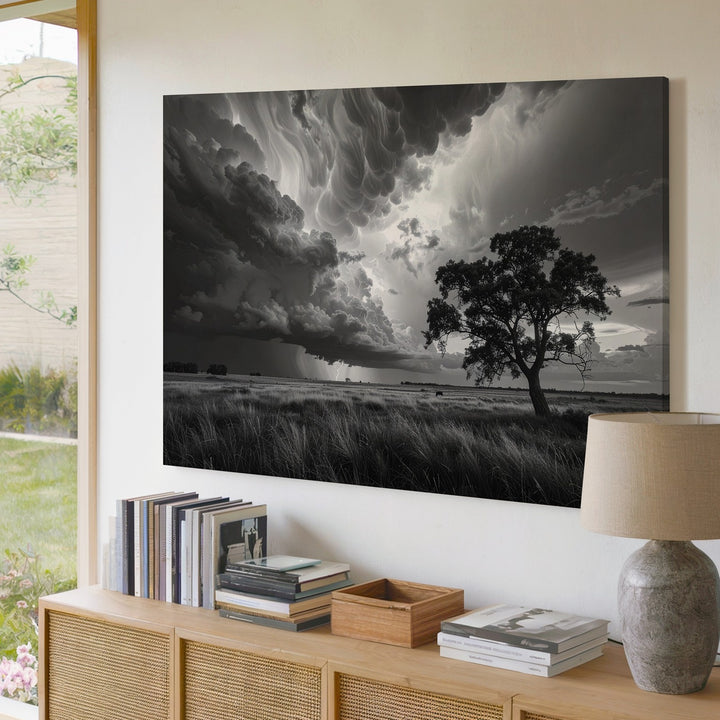 Stormy Landscape with Horse Canvas – Dramatic Black and White Art - Gifitto