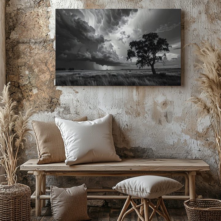 Stormy Landscape with Horse Canvas – Dramatic Black and White Art - Gifitto