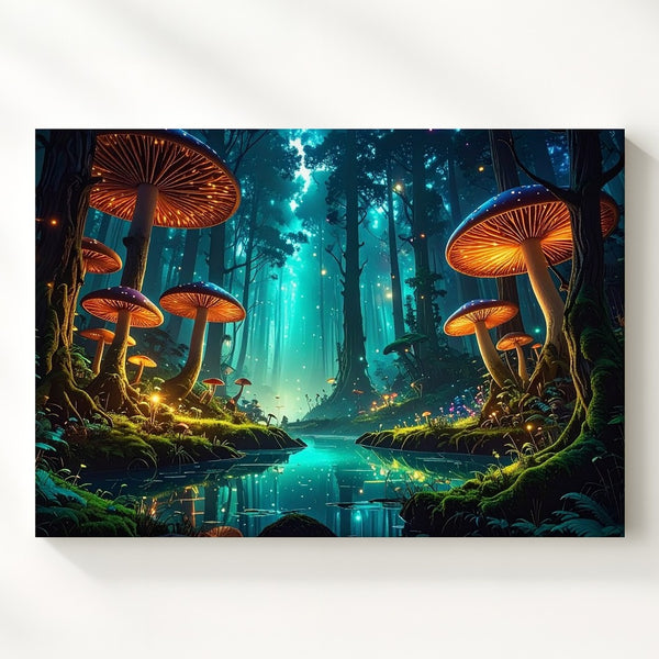 Enchanted Forest Canvas – Glowing Bioluminescent Mushrooms and Magical Landscape - Gifitto