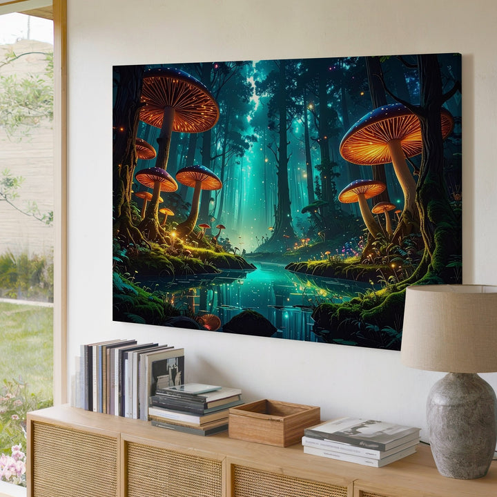 Enchanted Forest Canvas – Glowing Bioluminescent Mushrooms and Magical Landscape - Gifitto