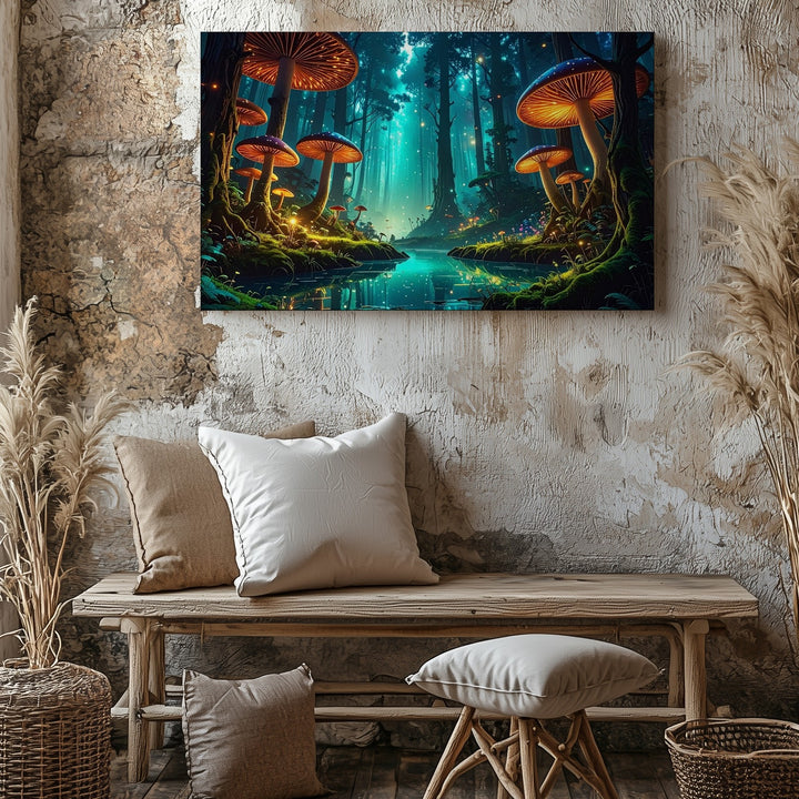 Enchanted Forest Canvas – Glowing Bioluminescent Mushrooms and Magical Landscape - Gifitto