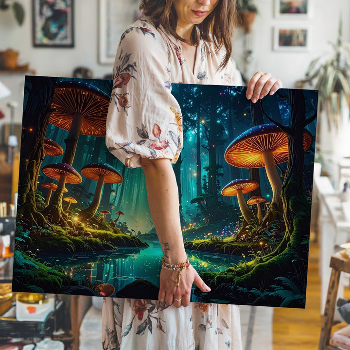 Enchanted Forest Canvas – Glowing Bioluminescent Mushrooms and Magical Landscape - Gifitto