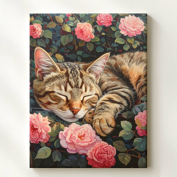 Sleeping Tabby in Rose Garden Canvas – Peaceful Cat Among Blossoms - Gifitto