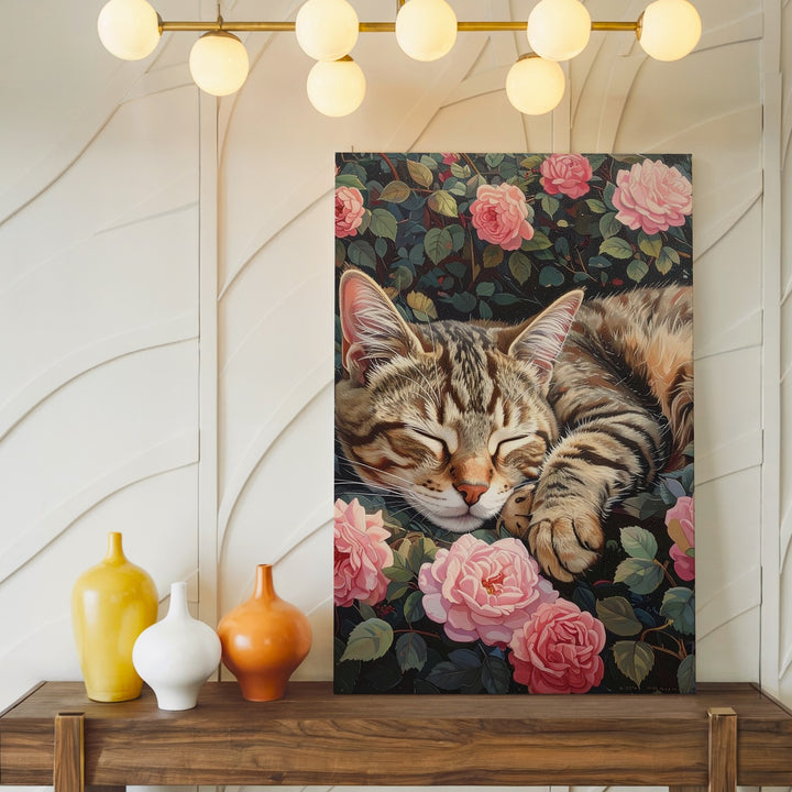 Sleeping Tabby in Rose Garden Canvas – Peaceful Cat Among Blossoms - Gifitto
