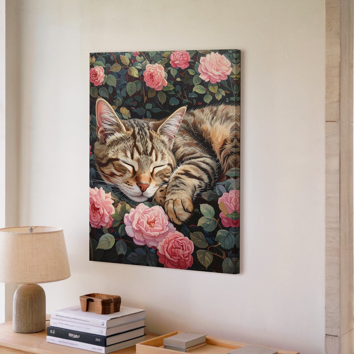 Sleeping Tabby in Rose Garden Canvas – Peaceful Cat Among Blossoms - Gifitto