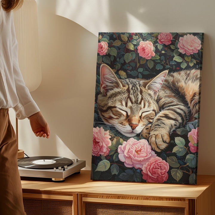 Sleeping Tabby in Rose Garden Canvas – Peaceful Cat Among Blossoms - Gifitto
